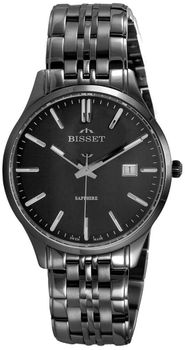 Klasyczny zegarek Bisset BIS090 BSDF38 Swiss Made. Mechanizm kwarcowy, tarcza czarna, szafirowe szkiełko, stalowa koperta i bransoleta grafitowa, wodoszczelność 1.jpg